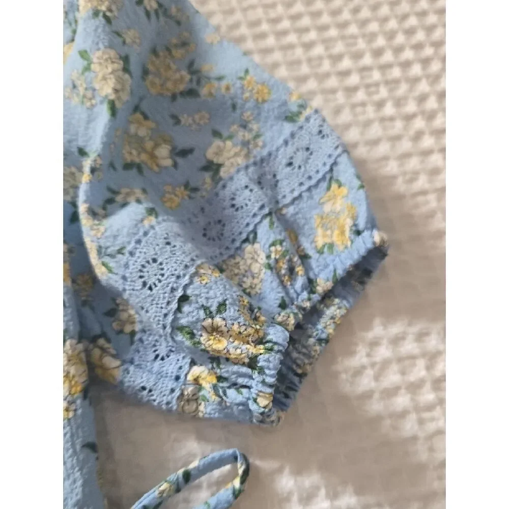 Light Blue Yellow Floral Puff-Sleeve Kids Dress
